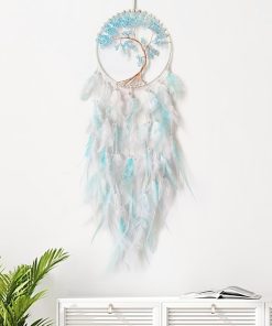 White and Cyan Dream Catcher Crystal Tree of Life Dream Catchers Wall Decor Traditional Handmade Feather Dreamcatcher Wall Hanging Ornaments for Bedroom Home Decor