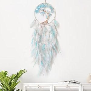 White and Cyan Dream Catcher Crystal Tree of Life Dream Catchers Wall Decor Traditional Handmade Feather Dreamcatcher Wall Hanging Ornaments for Bedroom Home Decor